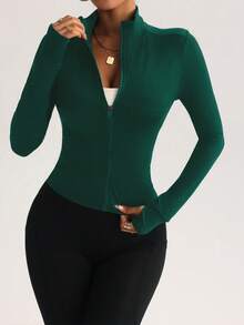 FWH 可调节高领设计，专业剪裁，适合全天活动，多种运动场合，如健身/户外/瑜伽，运动时尚风格，可转换设计，专业运动时尚，带拇指孔训练上衣，修身拉链瑜伽外套（带拇指孔），女士冬季可转换高领训练外套 - 墨綠色 - 查看 5