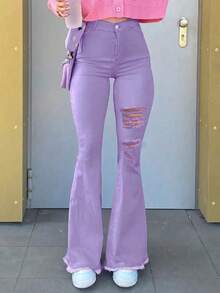 Women's Stretchy High Waist Bootcut Jeans - Vintage Retro Flared Denim Pants With Button Closure, Side Pockets & Distressed Hem For Casual Comfort - Màu tím - Xem 2
