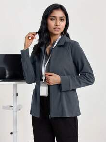 Women's Long Sleeve Open Front Pocket Fleece Scrubs Nurse Scrubs Workwear Dentist Healthcare Pet Hospital Laboratory Uniform Jacket - 灰色 - 查看 4