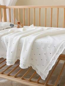 1pc Baby Cotton Hollow Knit Blanket, Comfortable & Delicate Lace Trim, For Daily Use - White - View 1