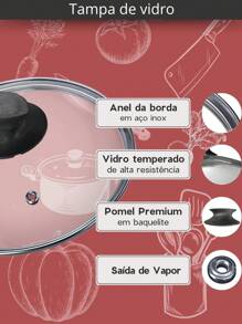 Kit 3 Peças Panelas Caçarolas 16, 18 e 20 cm Antiaderente com Tampa de Vidro Cor Cereja e Dourado