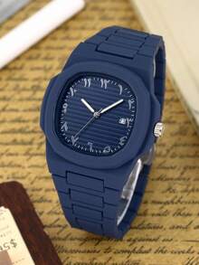 1 件男士优质塑料简约日历反时尚横条纹男士手表石英男士手表 - 白色 - 查看 3