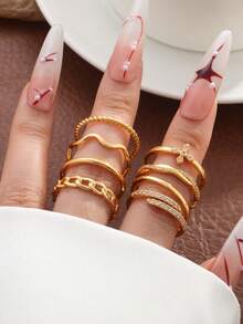 8Pcs 14K Gold Plated  Stackable Rings For Women Non-Tarnish Dainty  Wedding Bands, Engagement Rings Simple CZ Thumb Rings Sizes 4-11 - 金色 - 查看 2