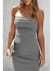 Women's Summer Bodycon Maxi Tube Dress Ribbed Strapless Side Slit Long Going Out Casual Elegant Party DressesHalloween Christmas New Year - 灰色 - 查看 3
