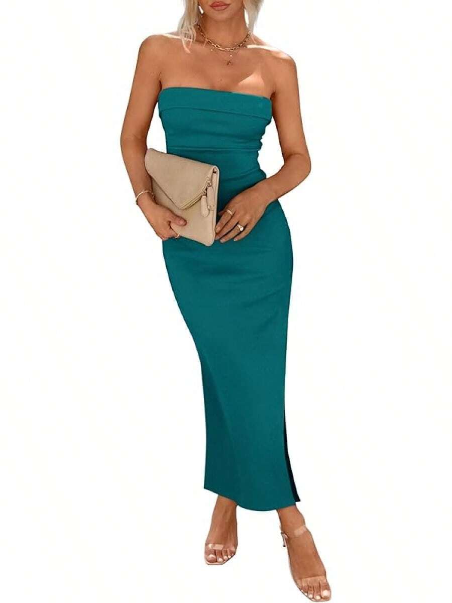 Women's Summer Bodycon Maxi Tube Dress Ribbed Strapless Side Slit Long Going Out Casual Elegant Party DressesHalloween Christmas New Year - 藍綠色 - 查看 1