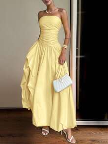 Elegant Sexy Asymmetrical Hem Strapless Yellow Women's Party Dress