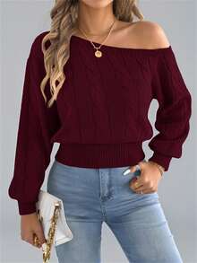 Suéter de manga larga con hombros descubiertos para mujer, de color liso, para vacaciones y tiempo libre, para otoño e invierno - Burdeos - Ver 4