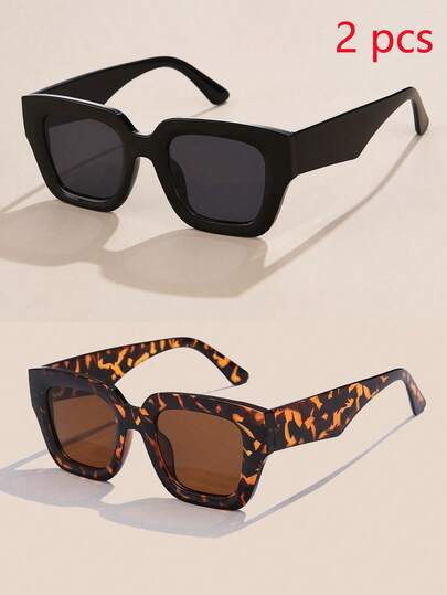 2pcs Women's Plastic Thick Frame Square Fashion Glasses, Multi-Color, Personalized Decor, Classic Minimalist, Casual, Suitable For Daily, Travel, Fashion Square Shape Shades