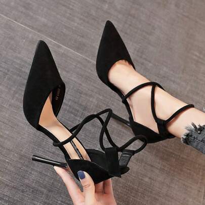 Sandalias romanas de tacón alto con tiras cruzadas para mujer. Zapatos de tacón alto para mujer con hebilla recta, tacón fino y punta afilada.