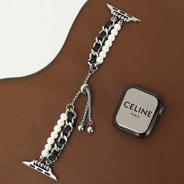 1 pièce Bracelet en métal et cuir avec perles noires et blanches, bracelet pour femmes compatible avec Apple Watch 38mm 40mm 42mm 44mm 41mm 45mm 46mm 49mm Ultra Watch Série 10 9 8 7 6 5 4 3 2