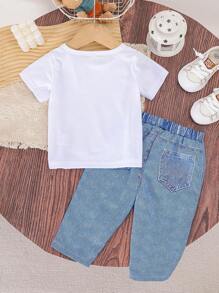 2 Stück Baby Jungen Lässig, süß und bequem, Bären Muster Kurzarm Top und Muster Hose Set, leicht für den Sommer