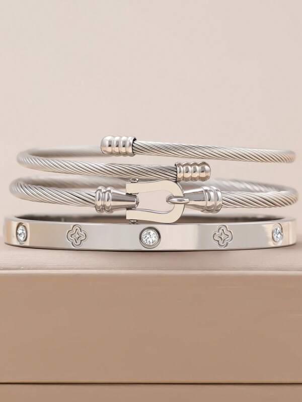 Conjunto de Pulseiras Femininas Europeu e Americano da Moda com Incrustação de Zircônia em Forma de Trevo, Adequado para Múltiplas Ocasiões, Pode Ser Empilhado, Também Adequado Como Presente para Amigos