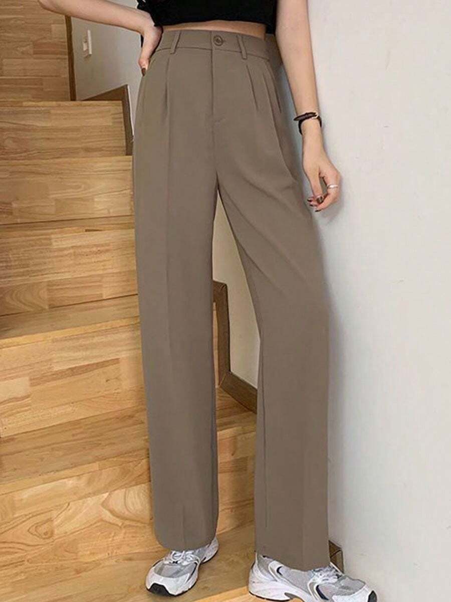 La versión coreana de pantalones de traje para mujeres en verano es alta, cintura suelta, tubo recto, delgado y pantalones de trapeador de gran tamaño. - Caqui - Ver 1