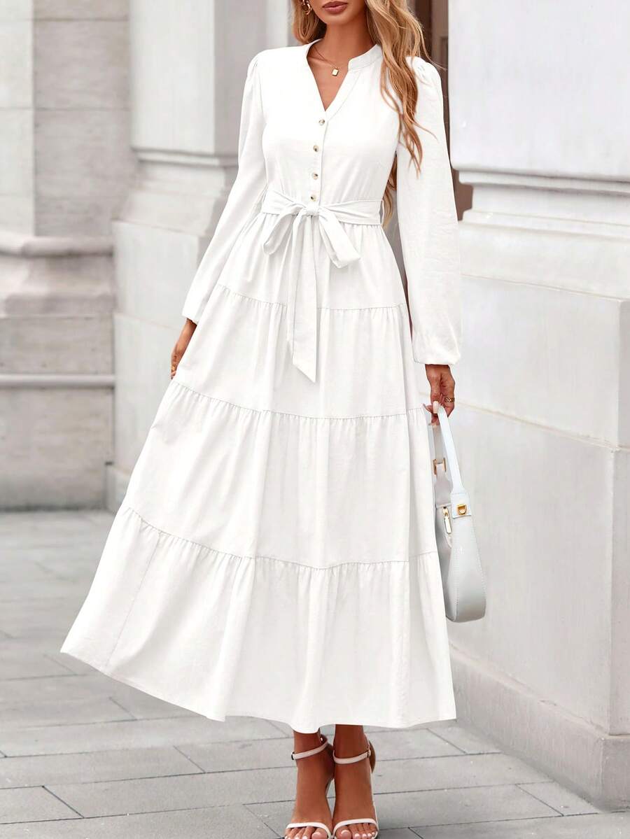 Women's  Fall Boho Maxi Dresses Long Sleeve V Neck Belted Ruffle A Line Long Flowy Dress With Pockets Fall Dresses For Women - 白色 - 查看 1