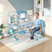 Premium Kids Study Desk Chair Set, Height Adjustable Children School Study Table Chair Set With Astronaut Pattern, Ergonomic Desk Chair With Large Writing Board, Bookshelf And Drawer (Pink, Blue) - Blue - View 6