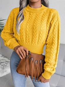 Women's Cable Knit Crew Neck Long Sleeve Cropped Pullover Sweater, Casual For Autumn/Winter - 黃色 - 查看 5