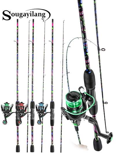 SOUGAYILANG 1.8m Spinning Rod & Reel Combo 5.2:1 Gear Ratio Aluminum Spool - Freshwater Fishing Kit For Gift Trout Bass Catfish Beginners Set (Fishing Line Bait Accessories Random)