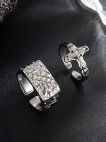 4pcs Men's Luxury Fashion Glitter Geometric Diamond Ring, Vintage Punk Cross Decor Gold Metal Ring Set