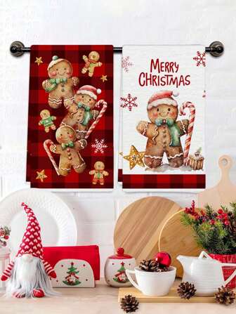 40*60cm Weihnachts-Geschirrtuch, Lebkuchenmann Design Küchen-Reinigungstuch, Weihnachtskaramell-Muster Dekorationstuch, Geschenkverpackung, Haushalts-Wischtuch, Weihnachtsfestlicher Stoff, Weihnachts-Handtuch