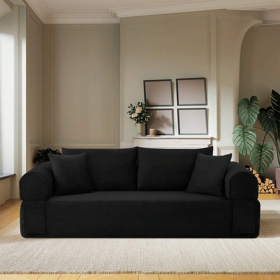 83" Modern Corduroy Loveseat Sofa,2-Seater Cloud Couch With Memory Foam And Spring  Seat With Four Pillows,Deep Seat Sofa With Wide Armrests,No Assembly Couch In A Box For Bedroom,Living Room - 黑色 - 查看 1