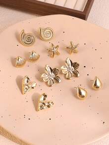 1/6 对时尚金贝壳、海星、五瓣花、心形、水滴形耳环套装，适合女性日常佩戴 - 金色 - 查看 7