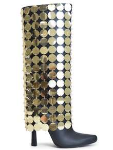 So Me Infernom Pointy Toe Mid Calf Boot Seequin Disco Boots Party  Plain    Contrast Mesh    Party  Party    Fall/ Winter - Vàng - Xem 1