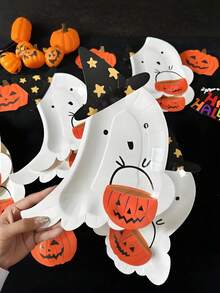 8pcs Halloween Ghost Paper Plates With Pumpkin Baskets - For Halloween Party Snacks & Decor