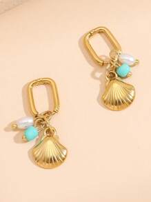 1 对女士不锈钢吊坠耳环，蝴蝶、羽毛、心形、三叶草和珍珠装饰