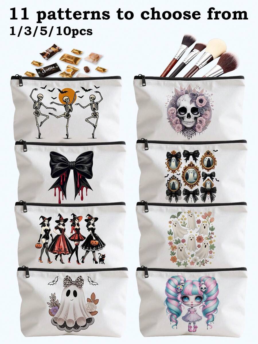 Halloween White Bag For Travel Storage | Makeup Bag & Electronics Organizer With Zipper Closure, Skull Bow Tie Floral Print Pouch For Travel Essentials, Jewelry, Toiletries | Halloween Gift Idea