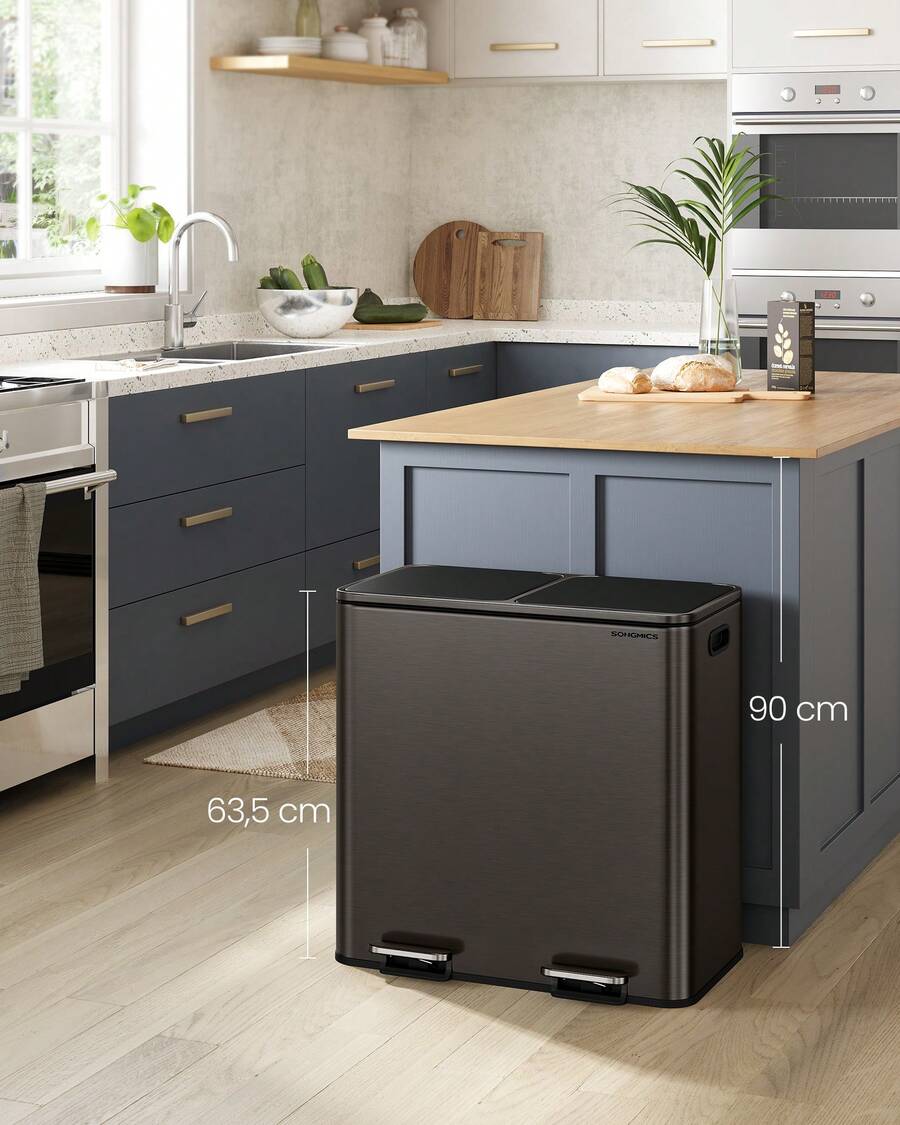 SONGMICS Trash Can, 2 X 10.6 Gallon (2 X 40 L) Garbage Can For Kitchen, With 15 Trash Bags, 2 Compartments, Plastic Inner Buckets And Hinged Lids, Airtight - 石板灰 - 查看 1