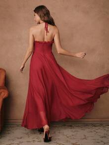 Savoree Elegante abito midi rosso con spalline a spaghetti, vita arricciata e balza sul fondo, abito da festa formale di alta gamma