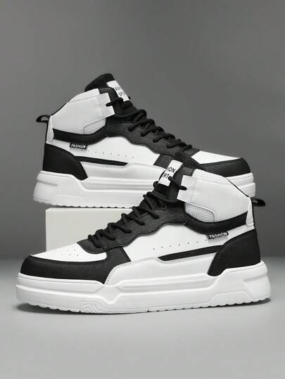 Men's Retro Simple Black & White Contrast Lace-Up High-Top Flat Sneakers, Comfortable Daily Casual Street & Campus Style Unisex Shoes