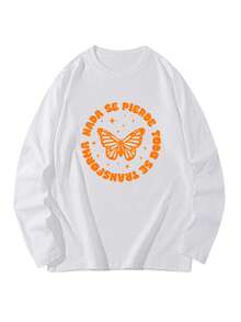 Butterfly Print Long Sleeve Round Neck T-Shirt, Casual Loose Fit Versatile Top For Women, Autumn