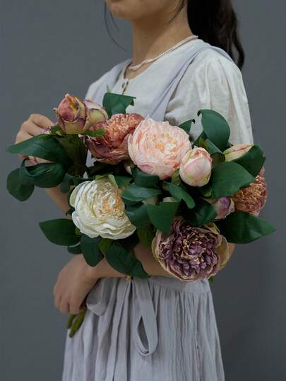 1pc Vintage 2-Head Peony Artificial Flower, European Style Peony Flower Arrangement, Home Decor, Photography Prop, Autumn