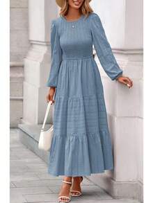 Vestidos Elegantes De Mujer Womens Long Sleeve Fall Dresses Casual Crew Neck Smocked High Waist Tiered Flowy Maxi Dress With Pockets - 白色 - 查看 11