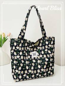 Cherry Print Simple Bucket Large Shoulder Tote Bag, Student Girl Shoulder School Bag, Heart Print Sweet Bag, Corduroy Tote Bag, Fashion Tote Bag For All Seasons - Black - View 1