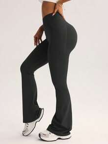 FWH High-Waisted Flare Yoga Pants With Hidden Pockets, Vintage Streetwear Style, Slimming, Waist Shaping, Anti-Slip Waistband, Suitable For Yoga, Fitness And Daily Wear - Dark Grey - View 6