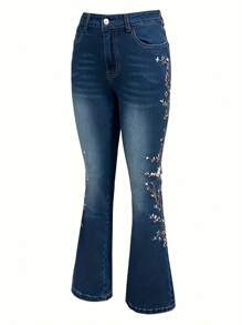 Ladies' Elegant Combination Denim Bell Bottom Pants, Decorated With Floral Embroidery, Suitable For All Seasons, Suitable For Daily Outings, Back To School Season, Rural Concerts