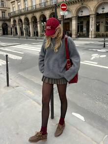 Suéter casual folgado de cor sólida cinza estilo universitário de manga comprida - Cinza - Ver 4