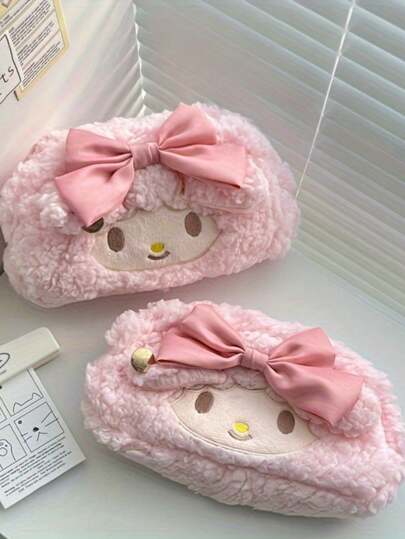 Sanrio 1 Stück Sanrio für My Melody flauschiges Lamm Federmäppchen - Große Kapazität, süßes Mädchen Schreibtischzubehör, perfektes Geschenk für Sanrio-Fans, Flanellmaterial, rosa mit Schleifendesign, Schreibtischorganizer | Süße Schreibtischdekoration | Flanell Federmäppchen