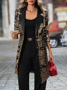 Women's Fashionable Geometric Pattern Long Blazer Jacket With Black Base And Gold Accents, Suitable For Spring And Autumn - Multicolor - View 7