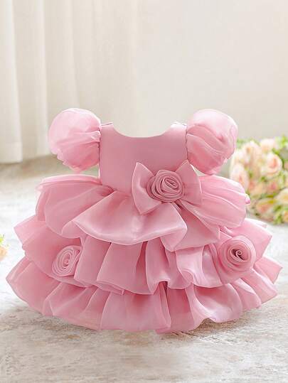 女婴泡泡袖碎花薄纱可爱生日派对连衣裙，适合婚礼花童，不含头饰