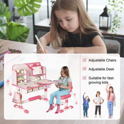 Premium Kids Study Desk Chair Set, Height Adjustable Children School Study Table Chair Set With Astronaut Pattern, Ergonomic Desk Chair With Large Writing Board, Bookshelf And Drawer (Pink, Blue)