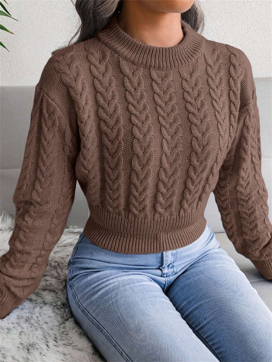 Women's Cable Knit Crew Neck Long Sleeve Cropped Pullover Sweater, Casual For Autumn/Winter - cà phê - Xem 1