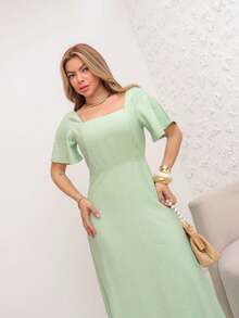 MODA MO, REF:8025 Women's Short-Sleeved Lotus Edge Dress, Solid Color, Long A-Line Skirt, Temperament Slim Waist Skirt For Summer 2025 - 綠色 - 查看 5
