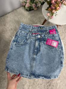 High-Waisted Marbled Denim Skirt With Hem And Rhinestone Appliqué | 100% Cotton - No Elastane - Màu Xám nhạt - Xem 6