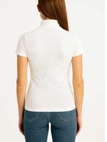 Women's Ribbed Mock Neck Short Sleeve Slim Fit Knit Top, Lightweight Stretchy Soft Tee Shirt, Casual Minimalist High Neck Pullover For Work, Travel And Everyday Wear, Classic Beige - trắng - Xem 1