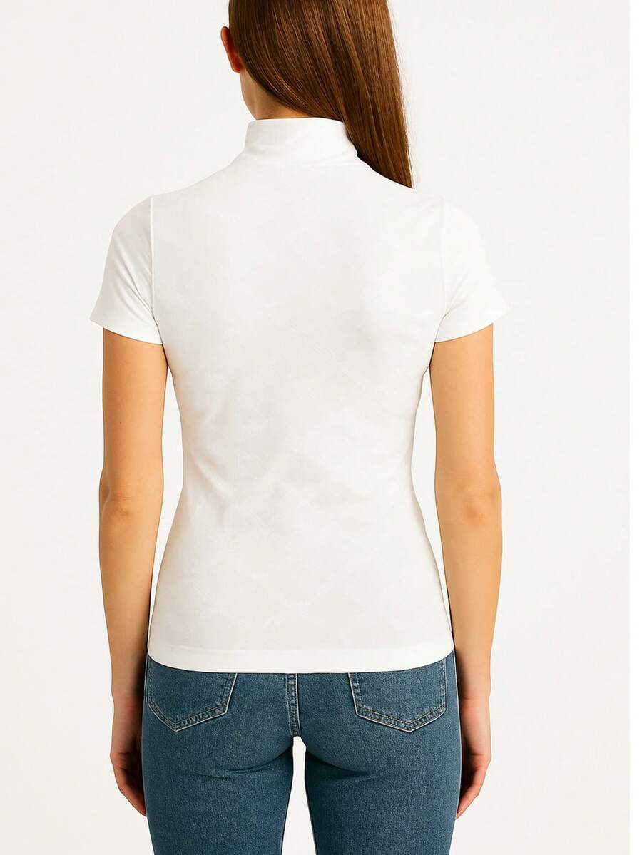 Women's Ribbed Mock Neck Short Sleeve Slim Fit Knit Top, Lightweight Stretchy Soft Tee Shirt, Casual Minimalist High Neck Pullover For Work, Travel And Everyday Wear, Classic Beige - trắng - Xem 1