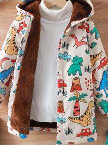 男童秋冬舒适涤纶面料保暖内衬恐龙印花连帽开衫夹克，趣味时尚印花，适合秋冬季，柔软舒适，适合外套、上学、聚会