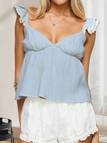 Tank Tops For Women Summer Fashionable Solid Color Backless Flying Sleeve Deep V Neck Loose Shirt - Blue - View 3